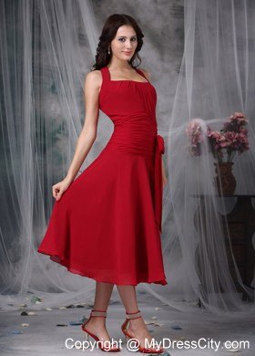 Wine Red Column Halter Tea-length Chiffon Ruched Bridesmaid Dress