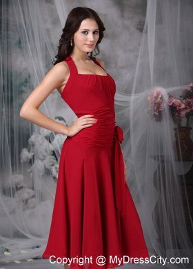 Wine Red Column Halter Tea-length Chiffon Ruched Bridesmaid Dress