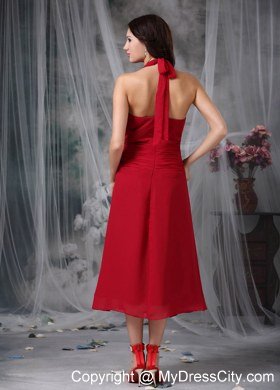 Wine Red Column Halter Tea-length Chiffon Ruched Bridesmaid Dress