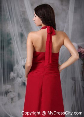 Wine Red Column Halter Tea-length Chiffon Ruched Bridesmaid Dress