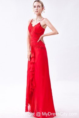 Spaghetti Straps Red Column Chiffon Bridesmaid Dress with Beading