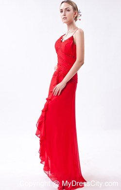 Spaghetti Straps Red Column Chiffon Bridesmaid Dress with Beading