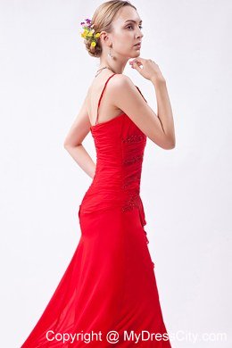 Spaghetti Straps Red Column Chiffon Bridesmaid Dress with Beading