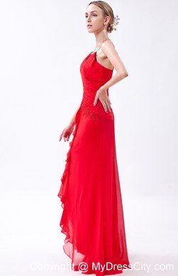 Spaghetti Straps Red Column Chiffon Bridesmaid Dress with Beading