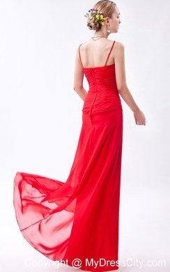 Spaghetti Straps Red Column Chiffon Bridesmaid Dress with Beading