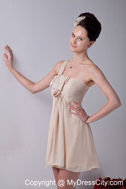 One Shoulder Champagne Mini-length Ruffles Chiffon Bridesmaid Dress