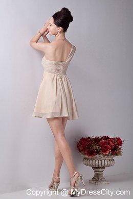 One Shoulder Champagne Mini-length Ruffles Chiffon Bridesmaid Dress