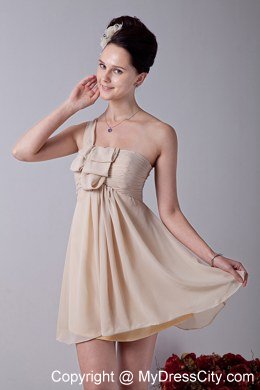 One Shoulder Champagne Mini-length Ruffles Chiffon Bridesmaid Dress