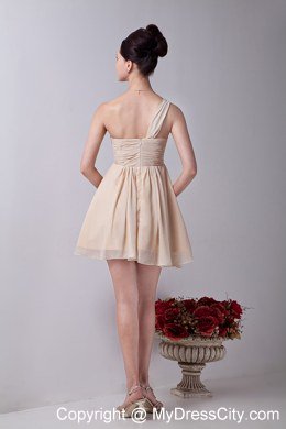 One Shoulder Champagne Mini-length Ruffles Chiffon Bridesmaid Dress