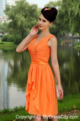 Orange Empire V-neck Knee-length Chiffon Ruch Bridesmaid Dress