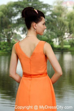 Orange Empire V-neck Knee-length Chiffon Ruch Bridesmaid Dress