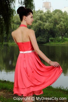 Coral Red Halter top Satin Bridesmaid Dress with Champane Sash