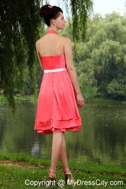 Coral Red Halter top Satin Bridesmaid Dress with Champane Sash