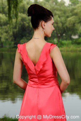 Watermelon Red V-neck Taffeta Beading Knee-length Bridesmaid Dress