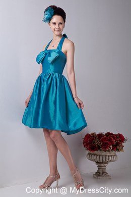 Halter top Teal Princess Bridesmaid Dress Taffeta with Bowknot