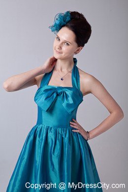 Halter top Teal Princess Bridesmaid Dress Taffeta with Bowknot