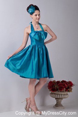 Halter top Teal Princess Bridesmaid Dress Taffeta with Bowknot