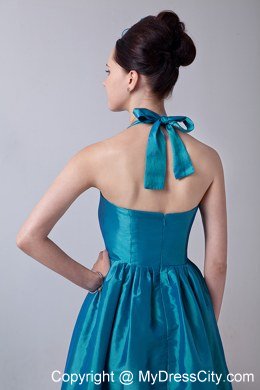 Halter top Teal Princess Bridesmaid Dress Taffeta with Bowknot