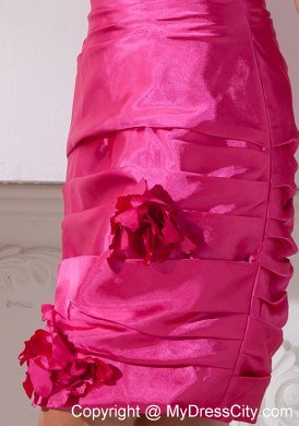 Hand Made Flowers Decorate Hot Pink Bridesmaid Dress with Black Sash