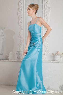 Aqua Blue Column Spaghetti Straps Beading Bridesmaid Dress