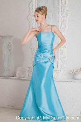 Aqua Blue Column Spaghetti Straps Beading Bridesmaid Dress