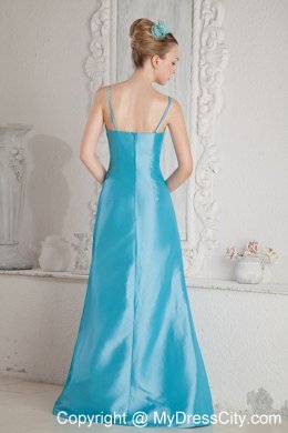 Aqua Blue Column Spaghetti Straps Beading Bridesmaid Dress