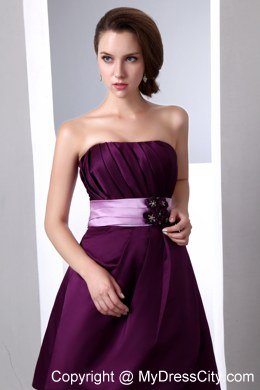 Dark Purple Mini-length Junior Bridesmaid Dress with Hand Made Flower