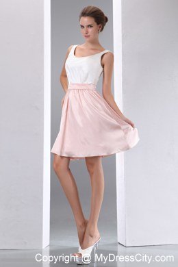 White and Pink A-line Scoop Mini-length Taffeta Bridesmaid Dress