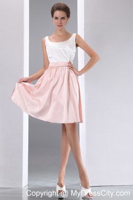 White and Pink A-line Scoop Mini-length Taffeta Bridesmaid Dress