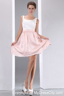 White and Pink A-line Scoop Mini-length Taffeta Bridesmaid Dress