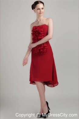 Wine Red Column Ruffles Asymmetrical Chiffon Dresses for Bridesmaid