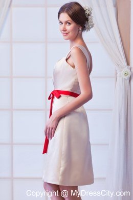 Square Champagne Mini-length Bridesmaid Dresses with Red Satin Bow