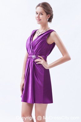 Beading V-neck Ruching Mini-length Maid of Honor Dress with Sash