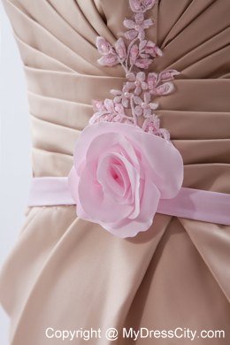 Mini-length Ruched Bridesmaid-dresses with Pink Hand Made Flower