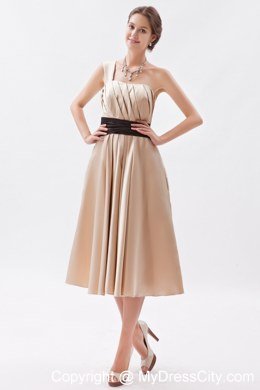 One Shoulder Ruching Tea-length bridesmaid dresses with Black Sash