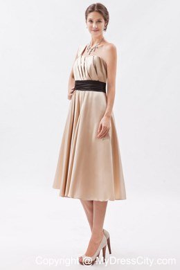 One Shoulder Ruching Tea-length bridesmaid dresses with Black Sash