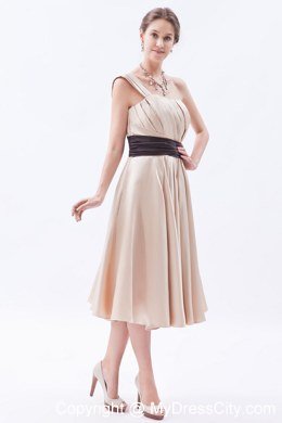 One Shoulder Ruching Tea-length bridesmaid dresses with Black Sash