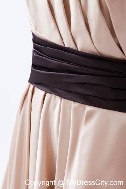 One Shoulder Ruching Tea-length bridesmaid dresses with Black Sash