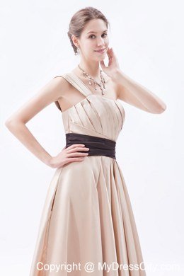 One Shoulder Ruching Tea-length bridesmaid dresses with Black Sash