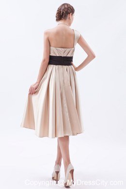 One Shoulder Ruching Tea-length bridesmaid dresses with Black Sash