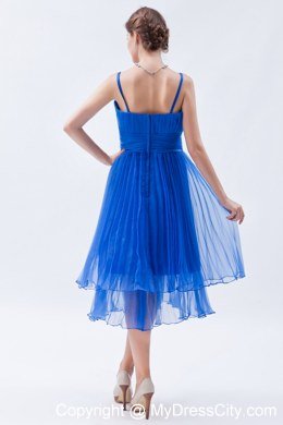 Blue Tea-length Spaghetti Straps Pleating bridesmaids dresses