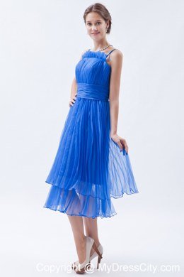 Blue Tea-length Spaghetti Straps Pleating bridesmaids dresses