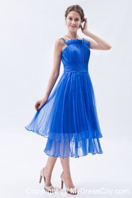 Blue Tea-length Spaghetti Straps Pleating bridesmaids dresses