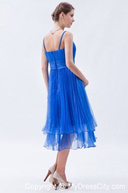 Blue Tea-length Spaghetti Straps Pleating bridesmaids dresses