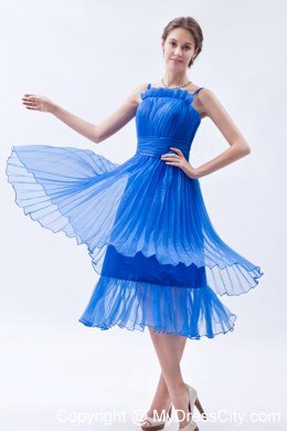 Blue Tea-length Spaghetti Straps Pleating bridesmaids dresses