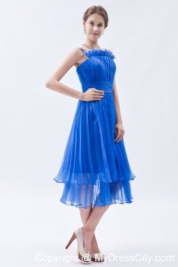 Blue Tea-length Spaghetti Straps Pleating bridesmaids dresses