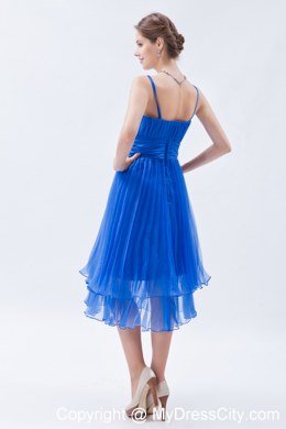 Blue Tea-length Spaghetti Straps Pleating bridesmaids dresses