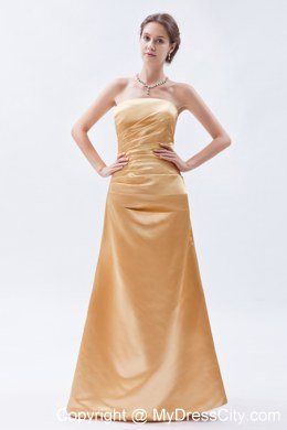 Champagne Sheath Strapless Long Ruching Bridesmaid Dress