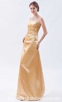 Champagne Sheath Strapless Long Ruching Bridesmaid Dress