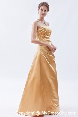 Champagne Sheath Strapless Long Ruching Bridesmaid Dress